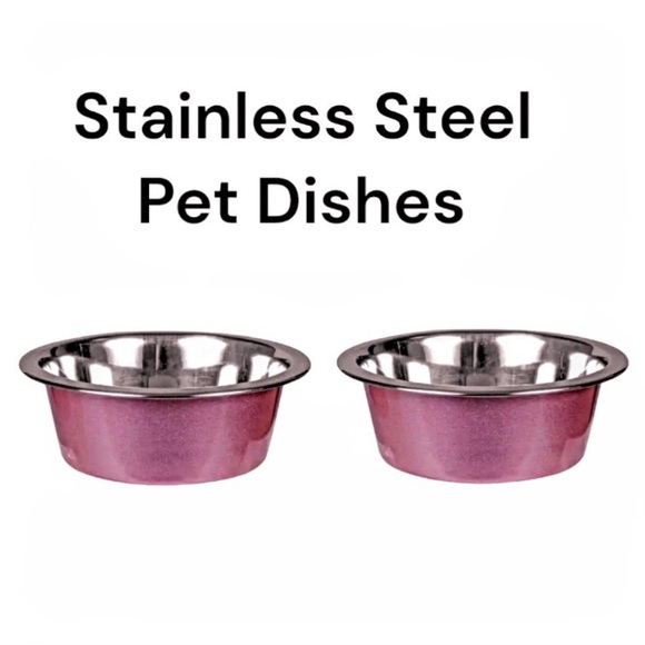 NWT 2 Non-Slip Pink Dog Bowls 6" Stainless Steel Pet Food Dish Rubber Base 27oz - Picture 1 of 9